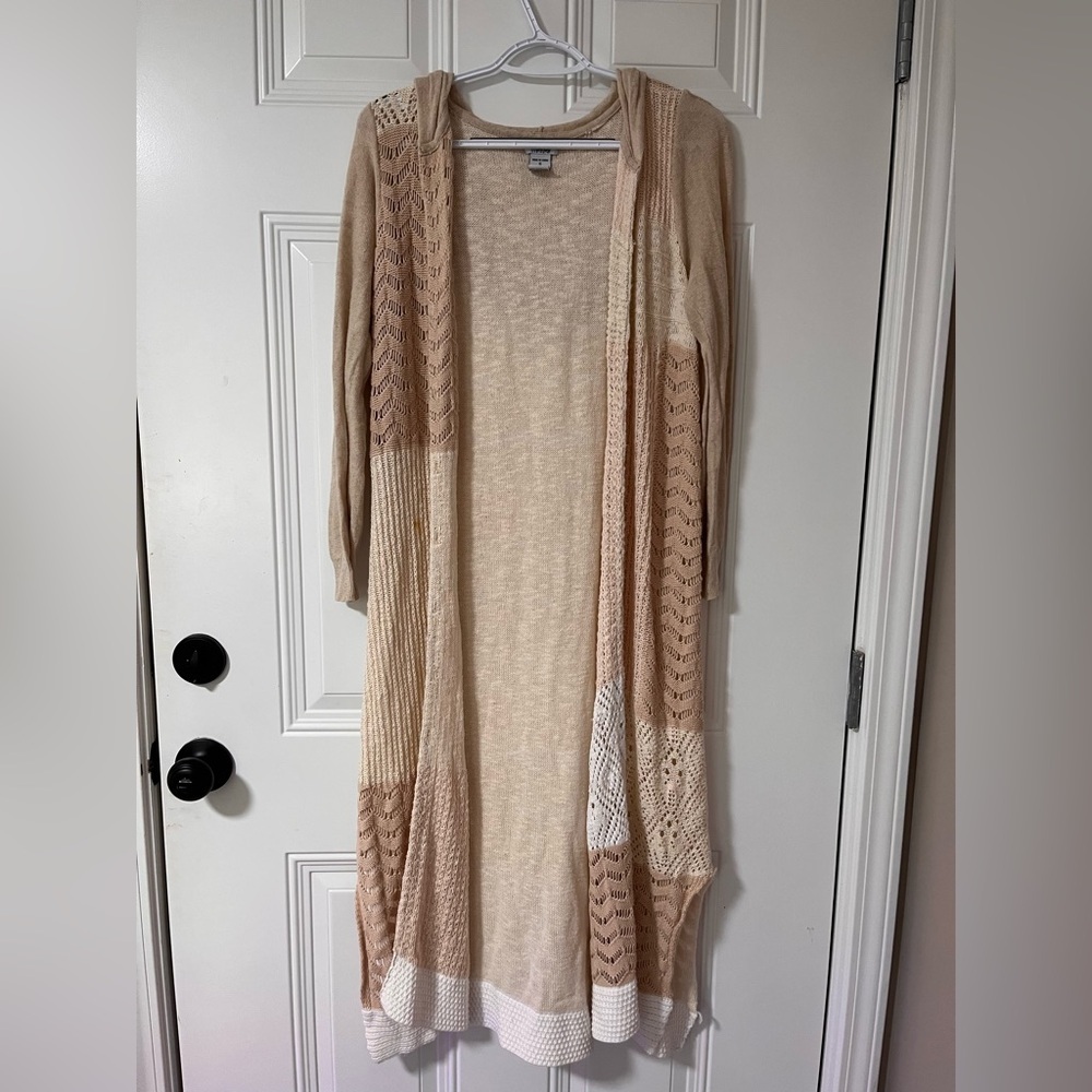 Women's Cream and Tan Open-Front Sweater